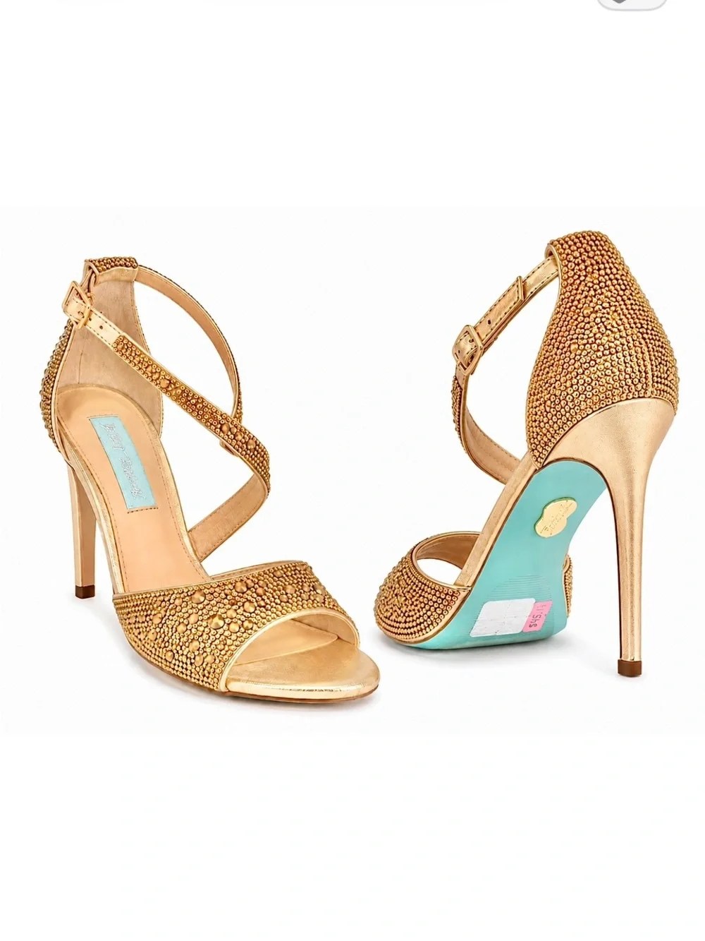 Blue by Betsey Johnson Gold Beaded Peep-Toe High Heels with Aqua Heel Accent 6.5